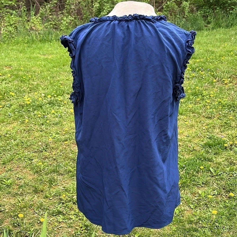 Tory Burch Blue Sleeveless Top with Ruffle Details, navy blue, v neck with ties
